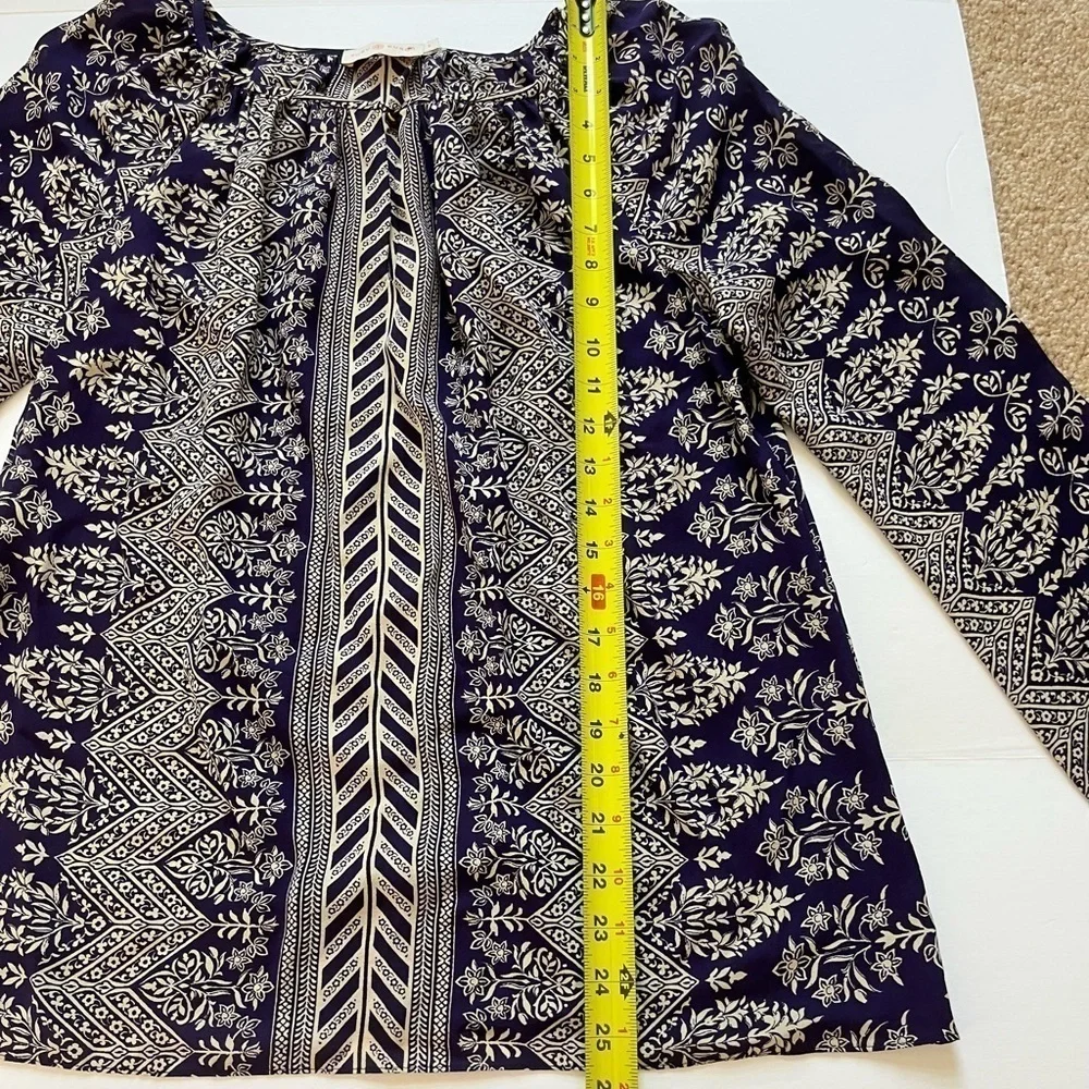 Tory Burch Silk Printed Blouse Navy Off White Size 6 Long Sleeve